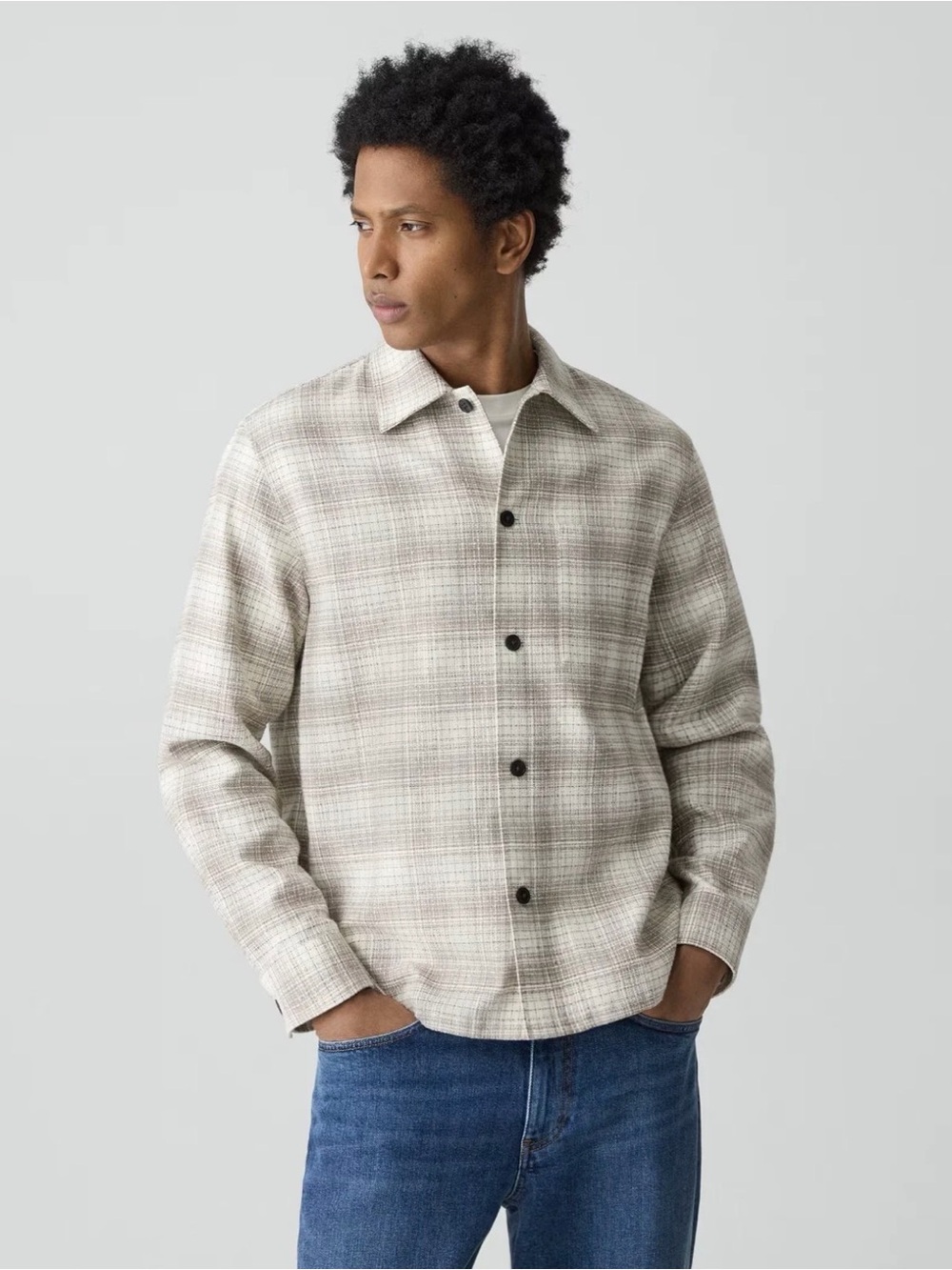 Theory Textured Check Button-Up Down Shirt Jacket in Duffle Multi Men's Medium M
